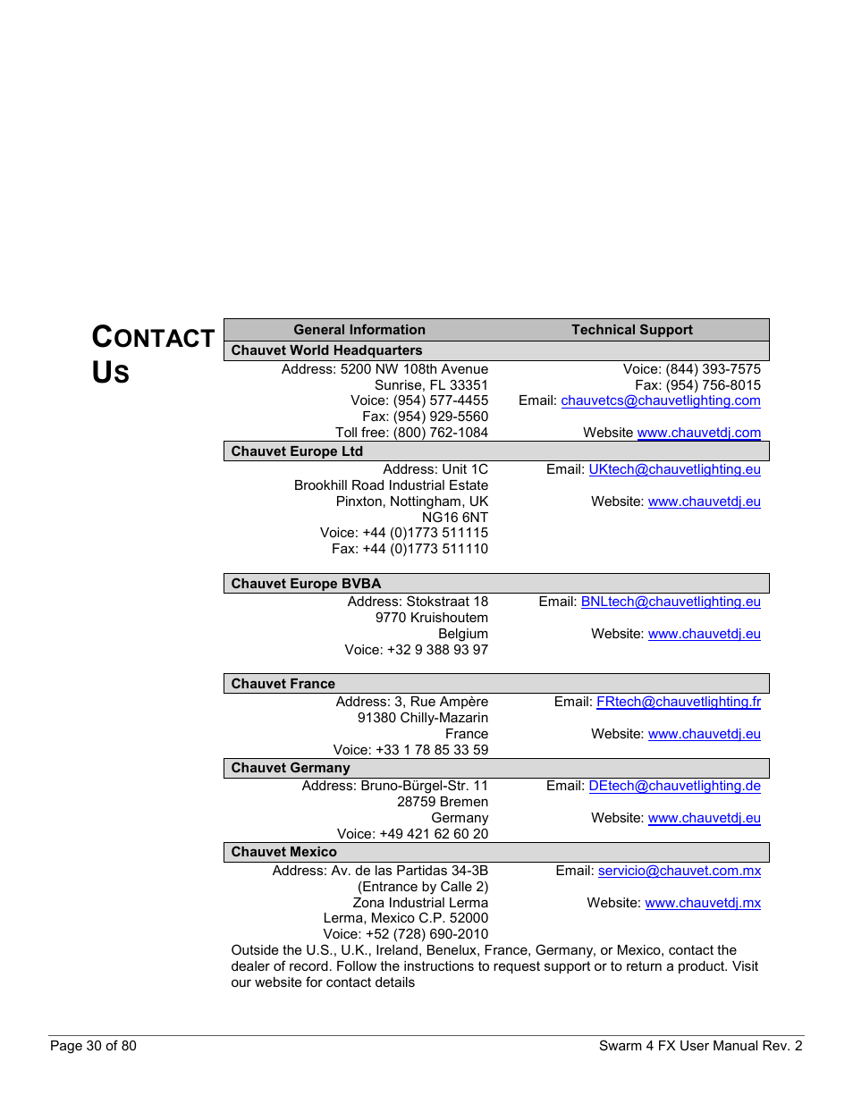 Contact us, Ontact | CHAUVET DJ Swarm 4 FX 3-In-1 LED User Manual | Page 30 / 80