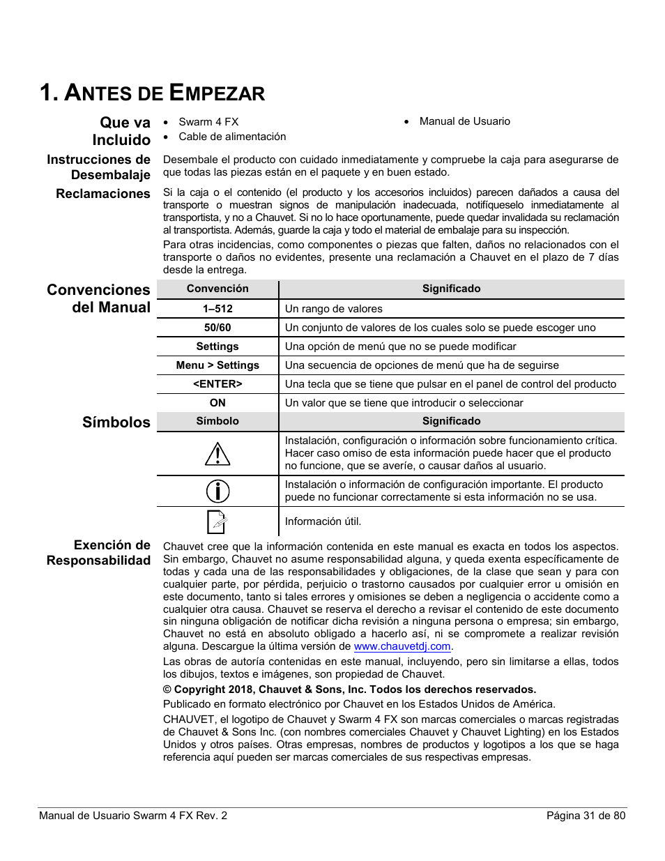 Antes de empezar, Que va incluido, Instrucciones de desembalaje | Reclamaciones, Convenciones del manual, Símbolos, Exención de responsabilidad, Ntes de, Mpezar | CHAUVET DJ Swarm 4 FX 3-In-1 LED User Manual | Page 31 / 80
