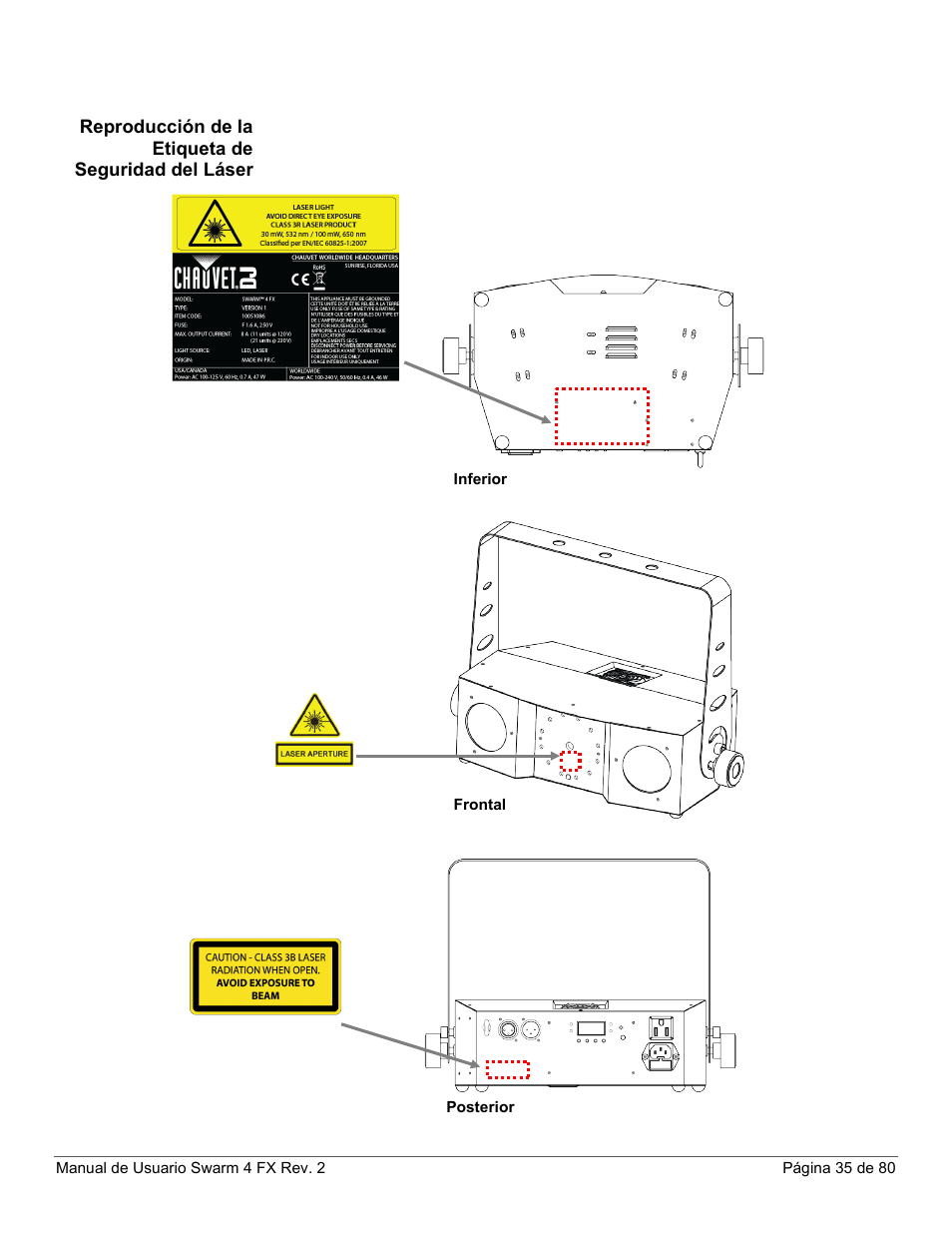 Reproducción de la etiqueta de seguridad del láser | CHAUVET DJ Swarm 4 FX 3-In-1 LED User Manual | Page 35 / 80