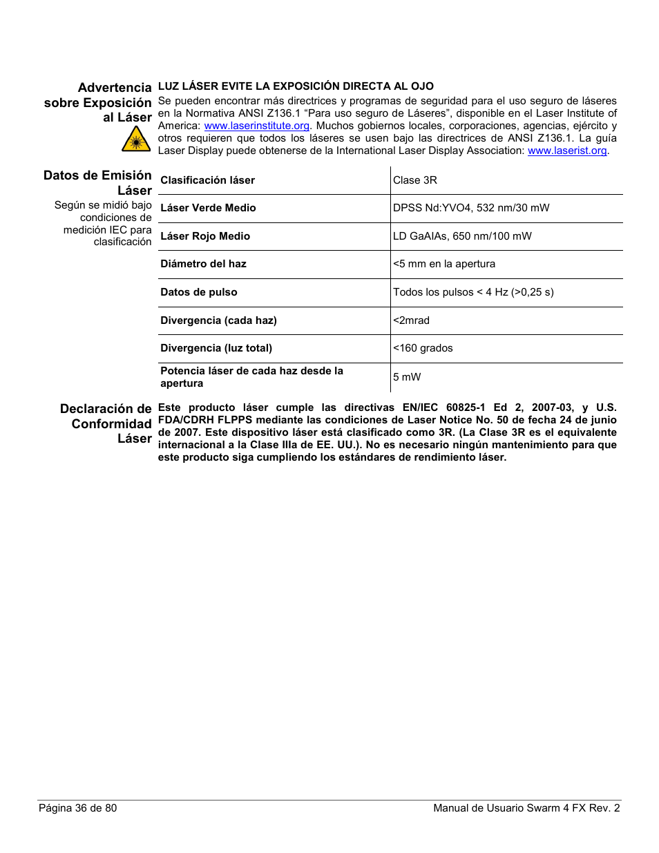 Advertencia sobre exposición al láser, Datos de emisión láser, Declaración de conformidad láser | CHAUVET DJ Swarm 4 FX 3-In-1 LED User Manual | Page 36 / 80
