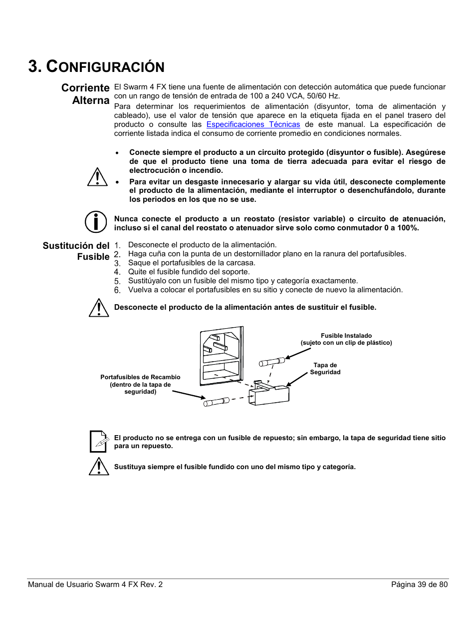 Configuración, Corriente alterna, Sustitución del fusible | Onfiguración | CHAUVET DJ Swarm 4 FX 3-In-1 LED User Manual | Page 39 / 80