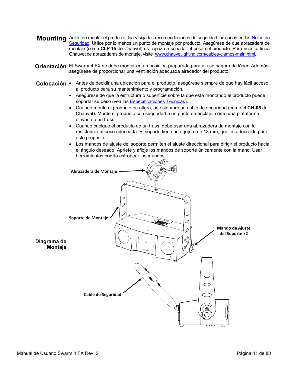 Mounting, Orientación, Colocación | Diagrama de montaje | CHAUVET DJ Swarm 4 FX 3-In-1 LED User Manual | Page 41 / 80