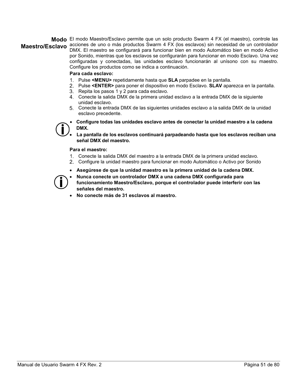 Modo maestro/esclavo | CHAUVET DJ Swarm 4 FX 3-In-1 LED User Manual | Page 51 / 80
