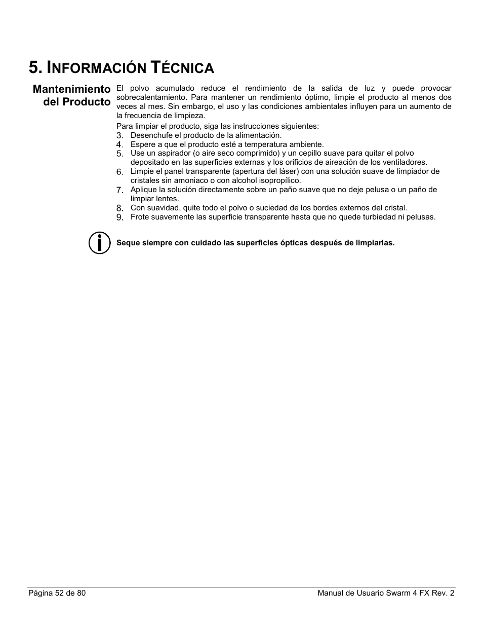 Información técnica, Mantenimiento del producto, Nformación | Écnica | CHAUVET DJ Swarm 4 FX 3-In-1 LED User Manual | Page 52 / 80