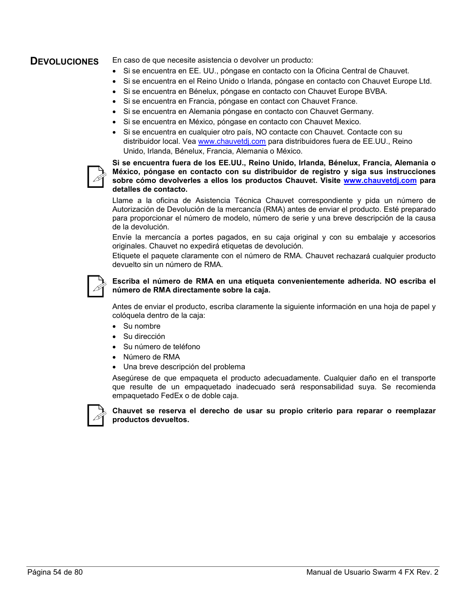 Devoluciones | CHAUVET DJ Swarm 4 FX 3-In-1 LED User Manual | Page 54 / 80
