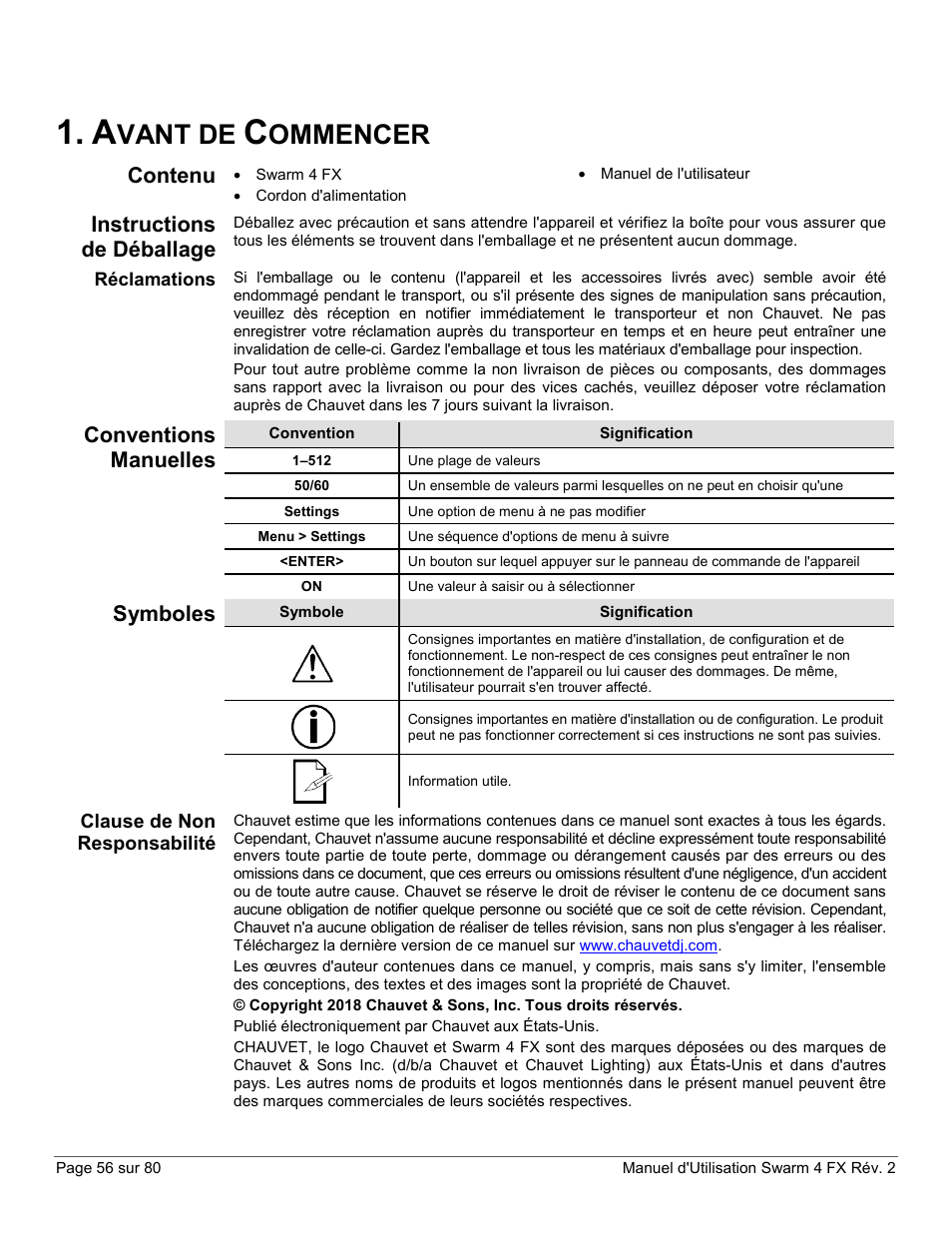 Avant de commencer, Contenu, Instructions de déballage | Réclamations, Conventions manuelles, Symboles, Clause de non responsabilité, Vant de, Ommencer | CHAUVET DJ Swarm 4 FX 3-In-1 LED User Manual | Page 56 / 80