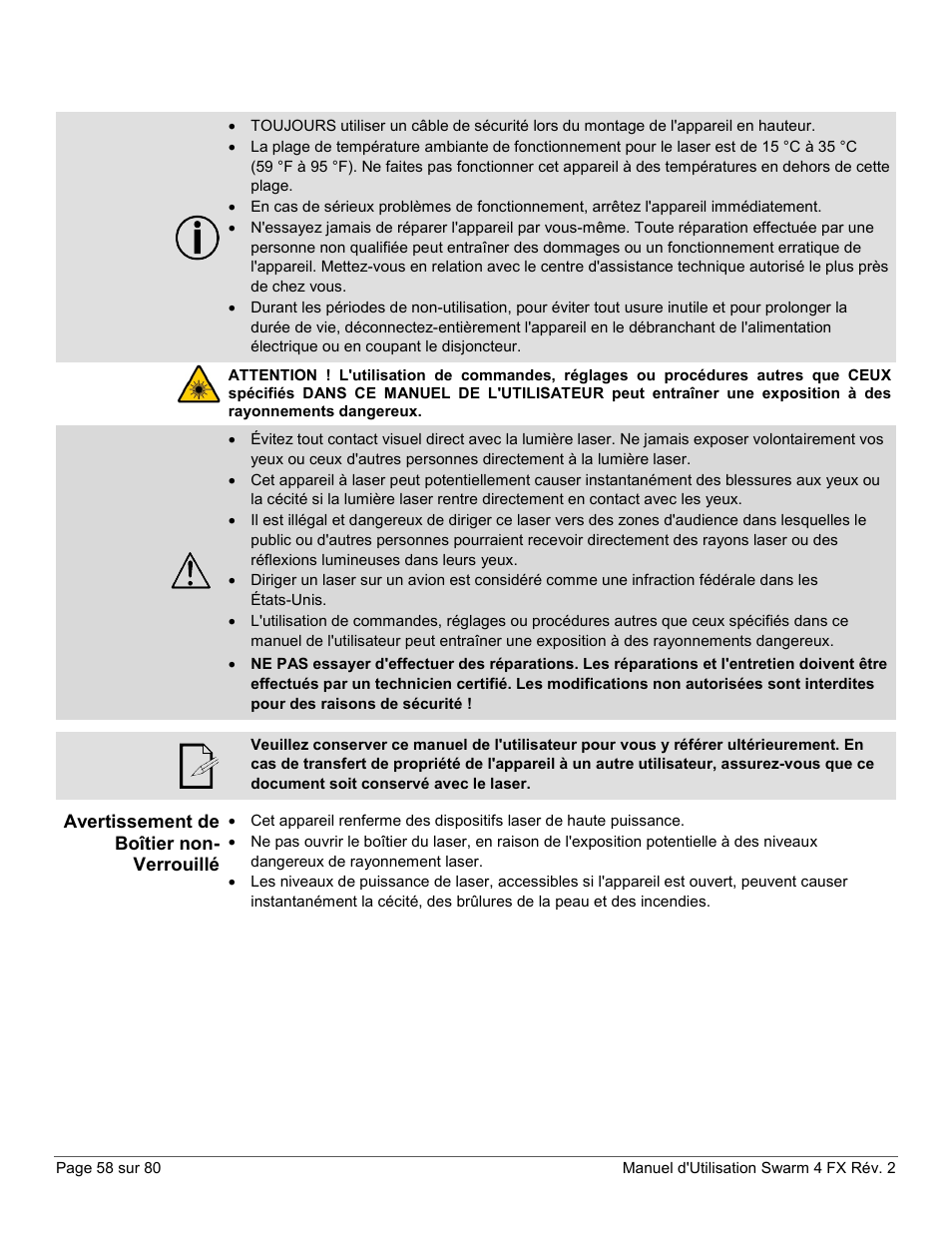 Avertissement de boîtier non-verrouillé, Avertissement de boîtier non- verrouillé | CHAUVET DJ Swarm 4 FX 3-In-1 LED User Manual | Page 58 / 80