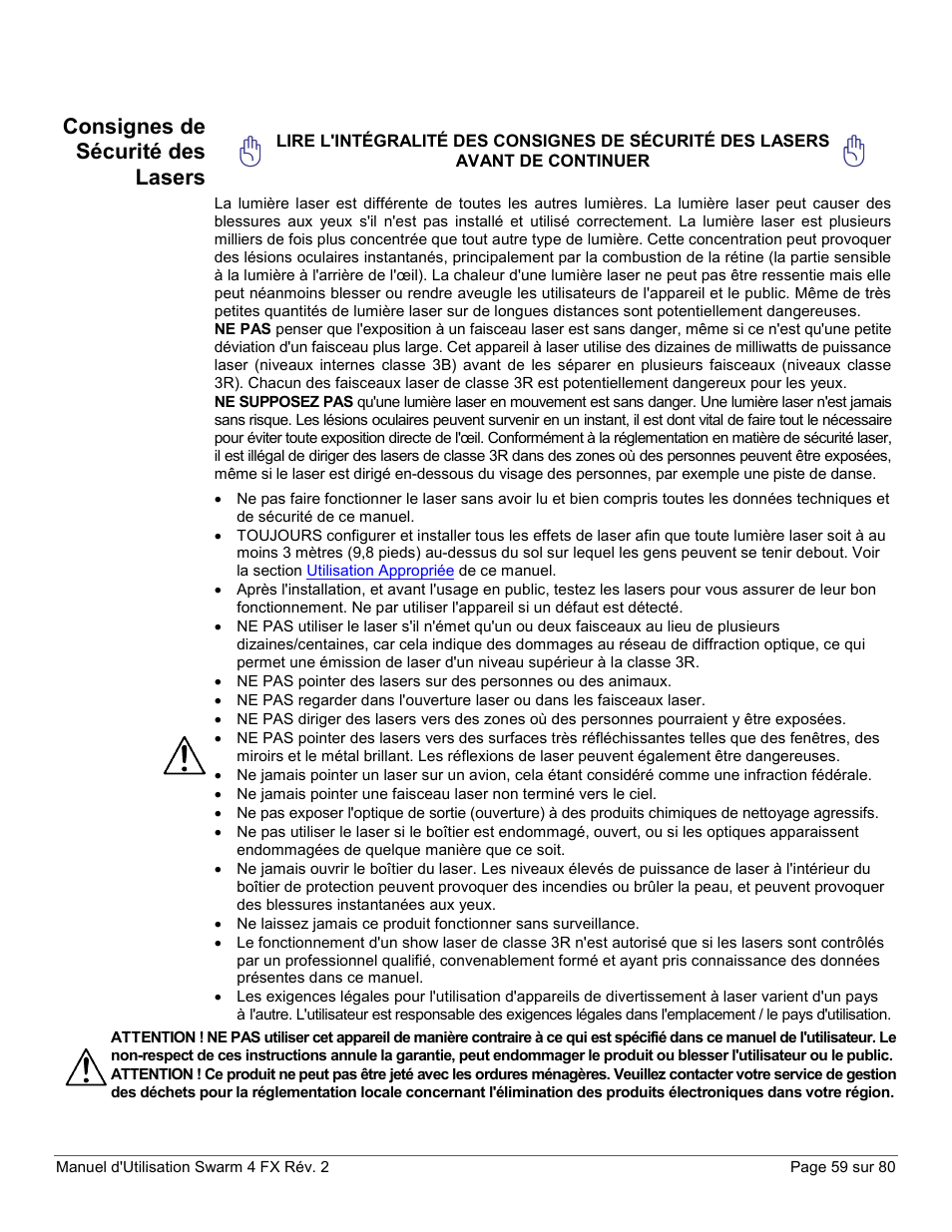 Consignes de sécurité des lasers | CHAUVET DJ Swarm 4 FX 3-In-1 LED User Manual | Page 59 / 80