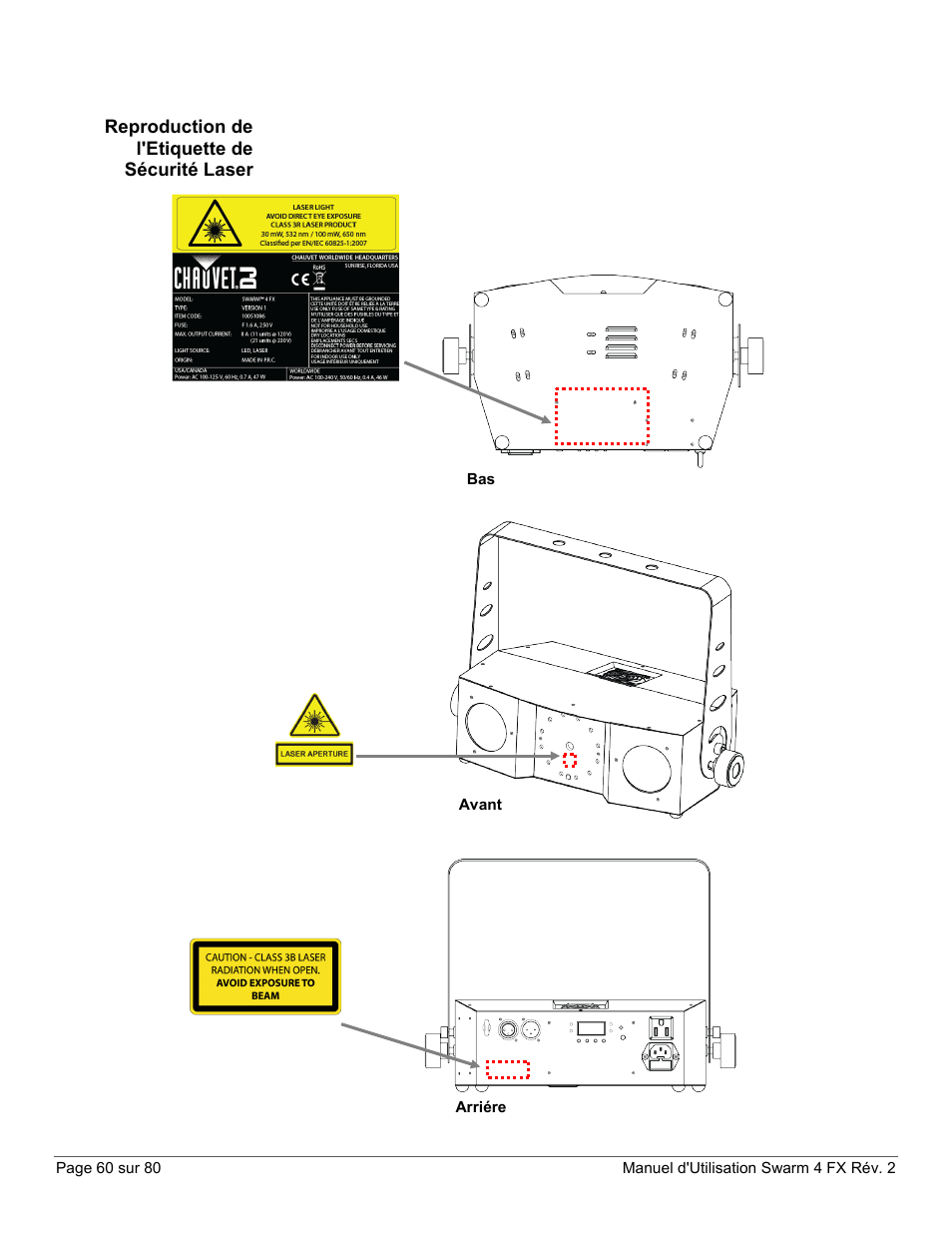 Reproduction de l'etiquette de sécurité laser | CHAUVET DJ Swarm 4 FX 3-In-1 LED User Manual | Page 60 / 80