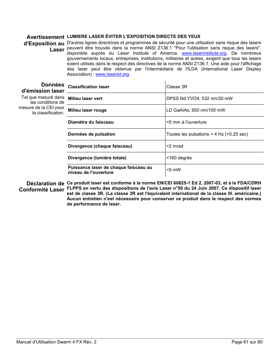 Avertissement d'exposition au laser, Données d'émission laser, Déclaration de conformité laser | CHAUVET DJ Swarm 4 FX 3-In-1 LED User Manual | Page 61 / 80