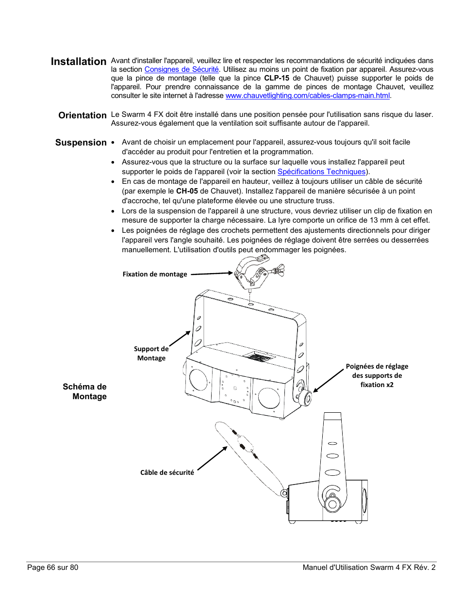 Installation, Orientation, Suspension | Schéma de montage | CHAUVET DJ Swarm 4 FX 3-In-1 LED User Manual | Page 66 / 80