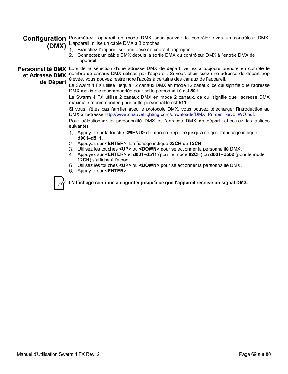 Configuration (dmx), Personnalité dmx et adresse dmx de départ | CHAUVET DJ Swarm 4 FX 3-In-1 LED User Manual | Page 69 / 80