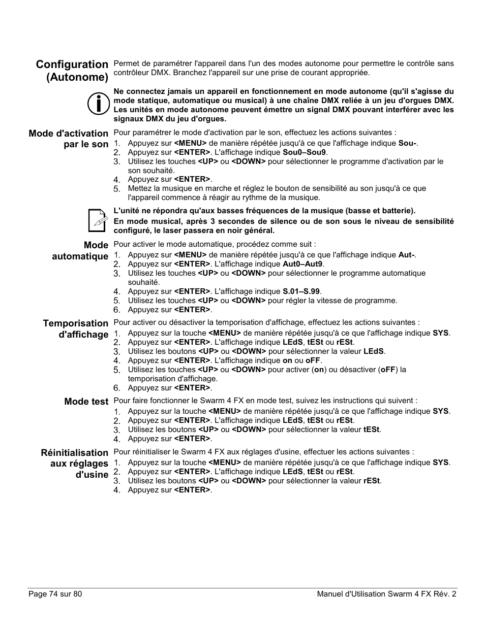 Configuration (autonome), Mode d'activation par le son, Mode automatique | Temporisation d'affichage, Mode test, Réinitialisation aux réglages d'usine | CHAUVET DJ Swarm 4 FX 3-In-1 LED User Manual | Page 74 / 80