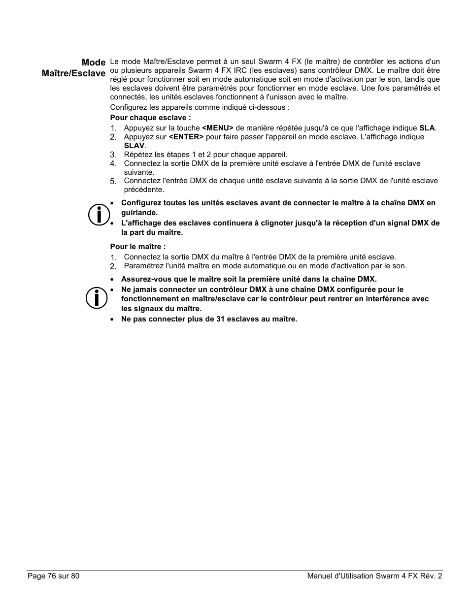 Mode maître/esclave | CHAUVET DJ Swarm 4 FX 3-In-1 LED User Manual | Page 76 / 80