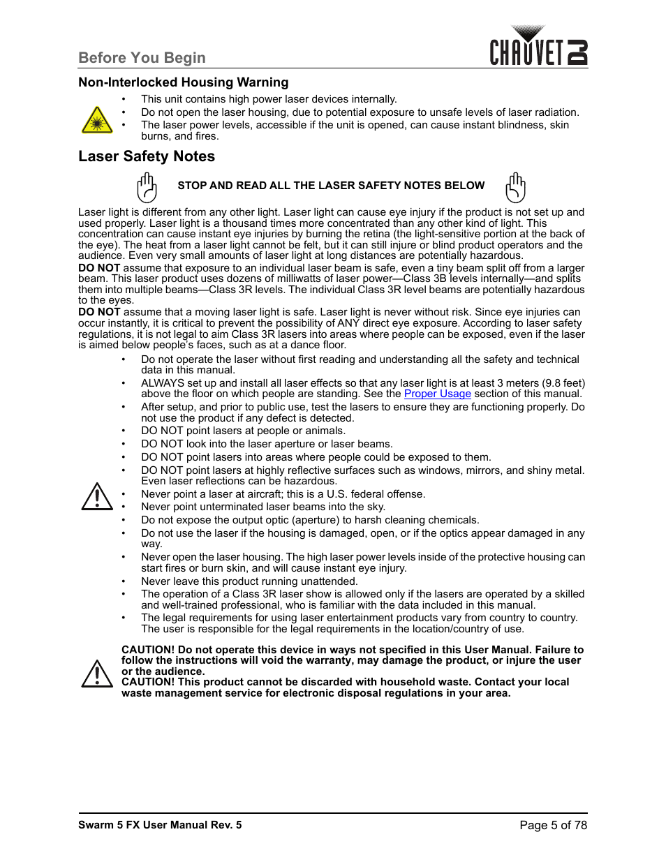 Non-interlocked housing warning, Laser safety notes, Before you begin | CHAUVET DJ Swarm 5 FX ILS 3-in-1 Multi-Effects with Derby, Lasers, and Strobe User Manual | Page 11 / 84