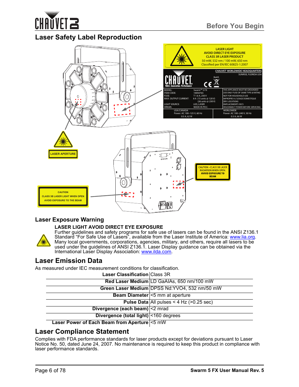 Laser safety label reproduction, Laser exposure warning, Laser emission data | Laser compliance statement, Before you begin, Page 6 of 78, Swarm 5 fx user manual rev. 5 | CHAUVET DJ Swarm 5 FX ILS 3-in-1 Multi-Effects with Derby, Lasers, and Strobe User Manual | Page 12 / 84