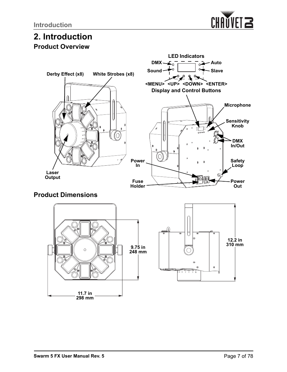 Introduction, Product overview, Product dimensions | Product overview product dimensions | CHAUVET DJ Swarm 5 FX ILS 3-in-1 Multi-Effects with Derby, Lasers, and Strobe User Manual | Page 13 / 84