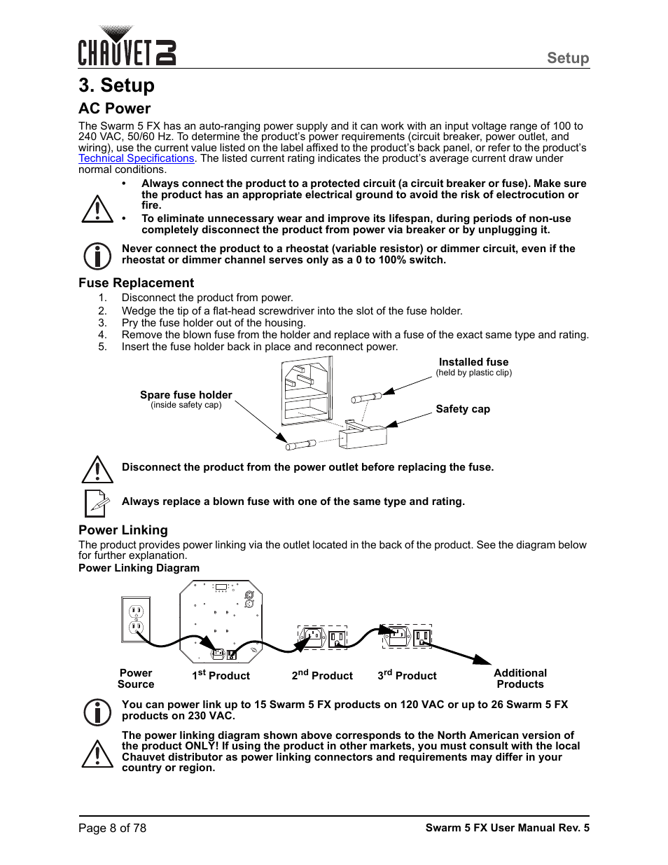 Setup, Ac power, Fuse replacement | Power linking | CHAUVET DJ Swarm 5 FX ILS 3-in-1 Multi-Effects with Derby, Lasers, and Strobe User Manual | Page 14 / 84