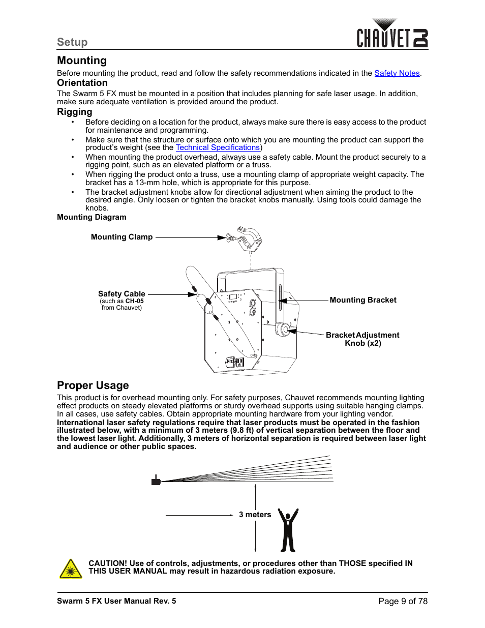 Mounting, Orientation, Rigging | Proper usage, Setup mounting | CHAUVET DJ Swarm 5 FX ILS 3-in-1 Multi-Effects with Derby, Lasers, and Strobe User Manual | Page 15 / 84