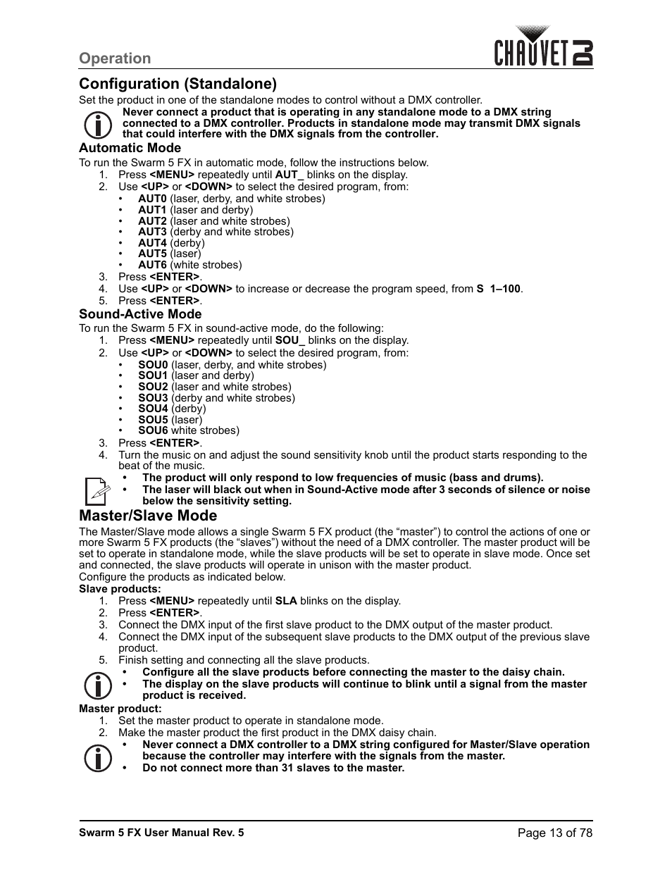 Configuration (standalone), Automatic mode, Sound-active mode | Master/slave mode, Operation configuration (standalone) | CHAUVET DJ Swarm 5 FX ILS 3-in-1 Multi-Effects with Derby, Lasers, and Strobe User Manual | Page 19 / 84