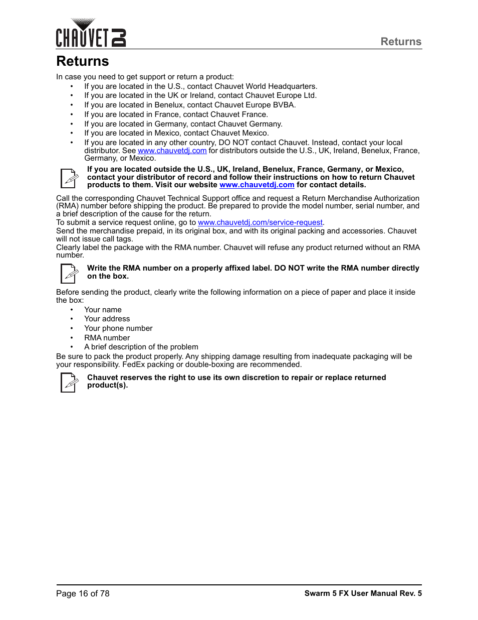 Returns | CHAUVET DJ Swarm 5 FX ILS 3-in-1 Multi-Effects with Derby, Lasers, and Strobe User Manual | Page 22 / 84