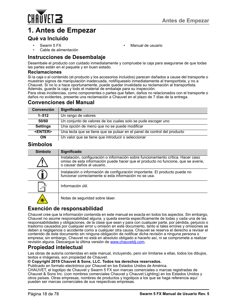 Antes de empezar, Qué va incluido, Instrucciones de desembalaje | Reclamaciones, Convenciones del manual, Símbolos, Exención de responsabilidad, Propiedad intelectual, Qué va incluido instrucciones de desembalaje | CHAUVET DJ Swarm 5 FX ILS 3-in-1 Multi-Effects with Derby, Lasers, and Strobe User Manual | Page 24 / 84