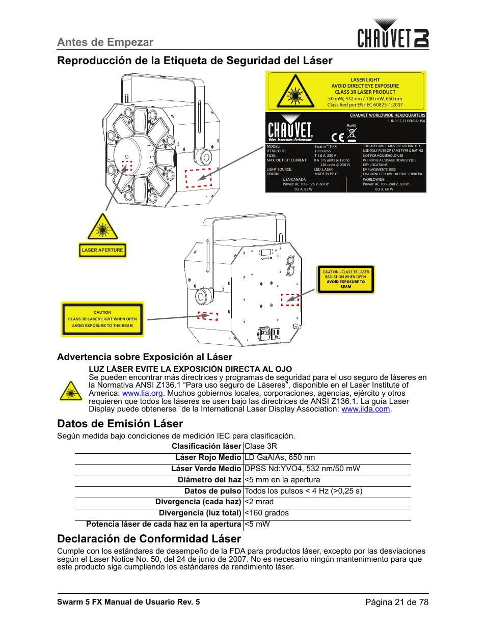 Reproducción de la etiqueta de seguridad del láser, Advertencia sobre exposición al láser, Datos de emisión láser | Declaración de conformidad láser, Página 21 de 78, Swarm 5 fx manual de usuario rev. 5 | CHAUVET DJ Swarm 5 FX ILS 3-in-1 Multi-Effects with Derby, Lasers, and Strobe User Manual | Page 27 / 84