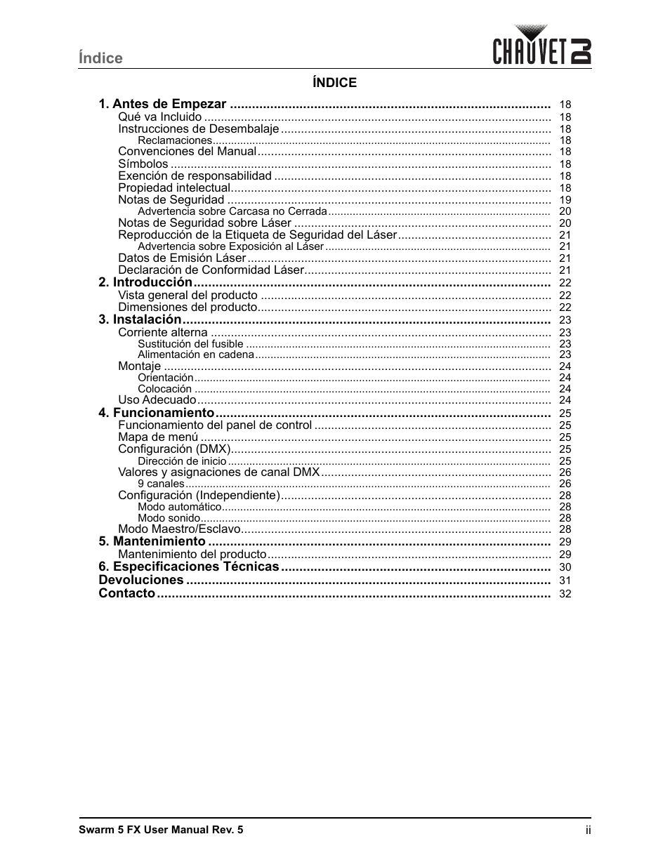 Índice | CHAUVET DJ Swarm 5 FX ILS 3-in-1 Multi-Effects with Derby, Lasers, and Strobe User Manual | Page 3 / 84