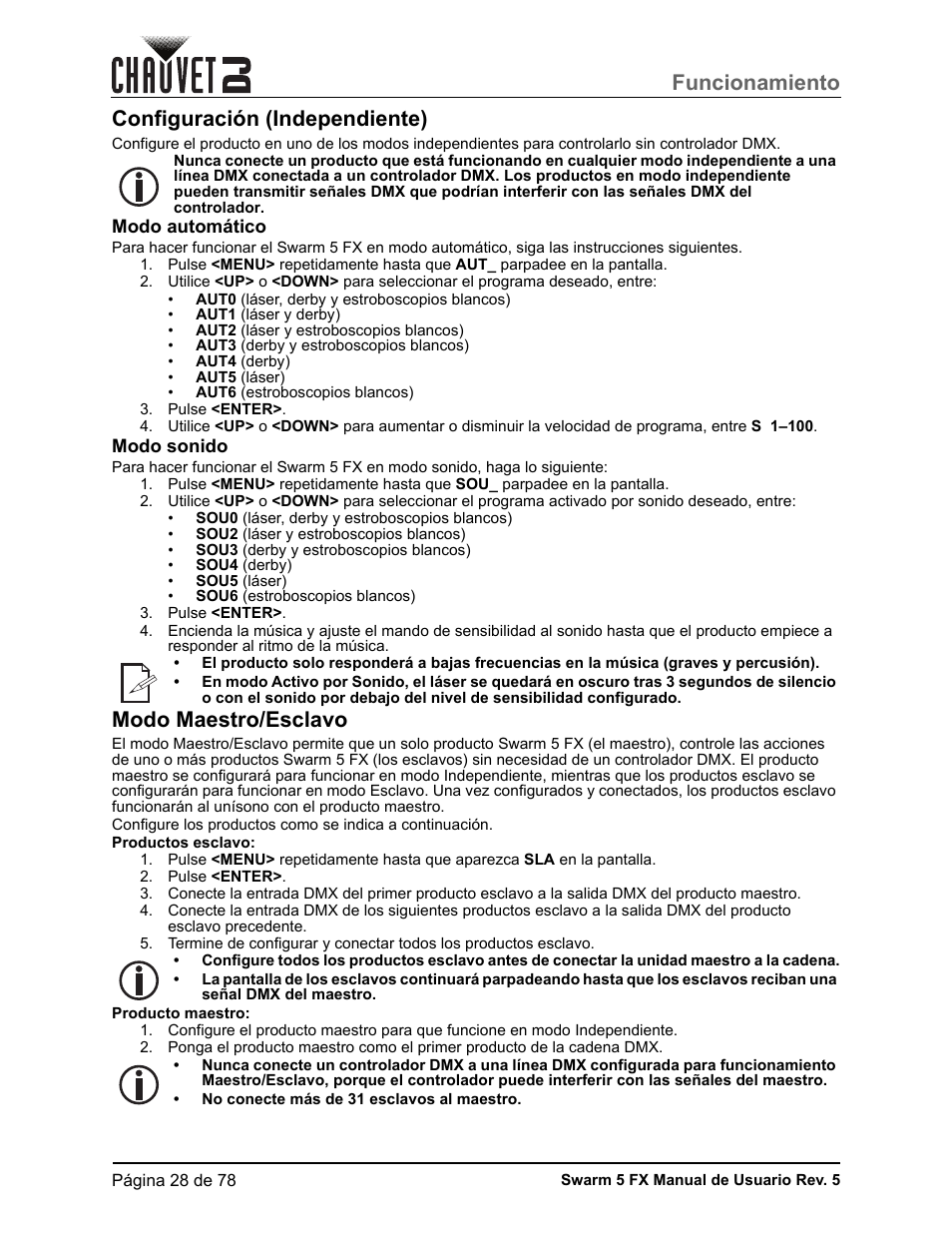 Configuración (independiente), Modo automático, Modo sonido | Modo maestro/esclavo, Funcionamiento | CHAUVET DJ Swarm 5 FX ILS 3-in-1 Multi-Effects with Derby, Lasers, and Strobe User Manual | Page 34 / 84