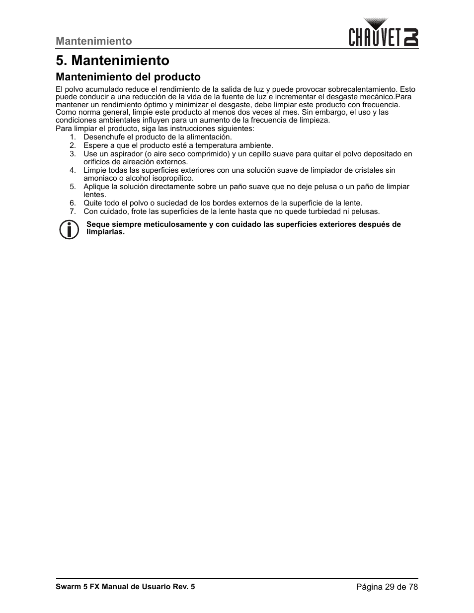 Mantenimiento, Mantenimiento del producto | CHAUVET DJ Swarm 5 FX ILS 3-in-1 Multi-Effects with Derby, Lasers, and Strobe User Manual | Page 35 / 84