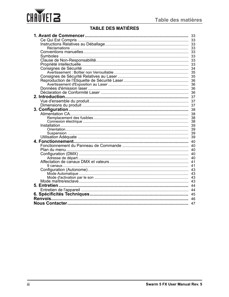 CHAUVET DJ Swarm 5 FX ILS 3-in-1 Multi-Effects with Derby, Lasers, and Strobe User Manual | Page 4 / 84