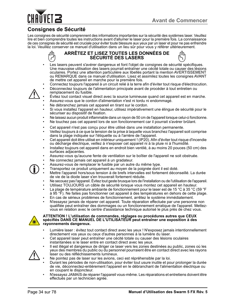 Consignes de sécurité, Avant de commencer | CHAUVET DJ Swarm 5 FX ILS 3-in-1 Multi-Effects with Derby, Lasers, and Strobe User Manual | Page 40 / 84