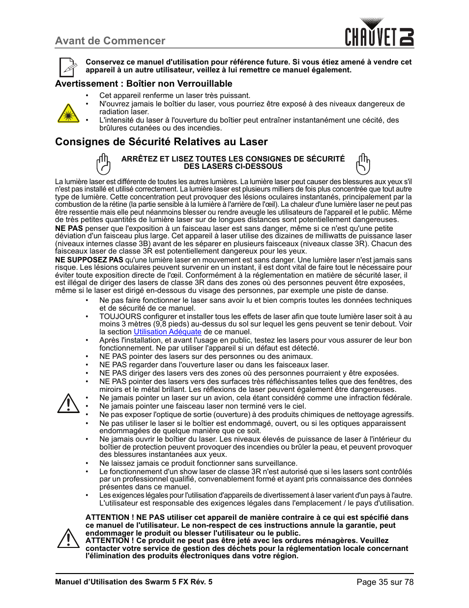 Avertissement : boîtier non verrouillable, Consignes de sécurité relatives au laser, Avant de commencer | CHAUVET DJ Swarm 5 FX ILS 3-in-1 Multi-Effects with Derby, Lasers, and Strobe User Manual | Page 41 / 84