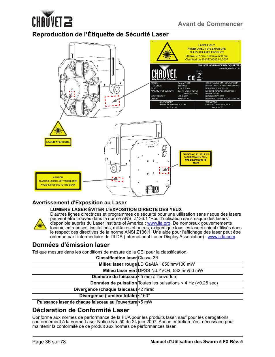 Reproduction de l’étiquette de sécurité laser, Avertissement d'exposition au laser, Données d'émission laser | Déclaration de conformité laser, Avant de commencer, Page 36 sur 78, Manuel d’utilisation des swarm 5 fx rév. 5 | CHAUVET DJ Swarm 5 FX ILS 3-in-1 Multi-Effects with Derby, Lasers, and Strobe User Manual | Page 42 / 84