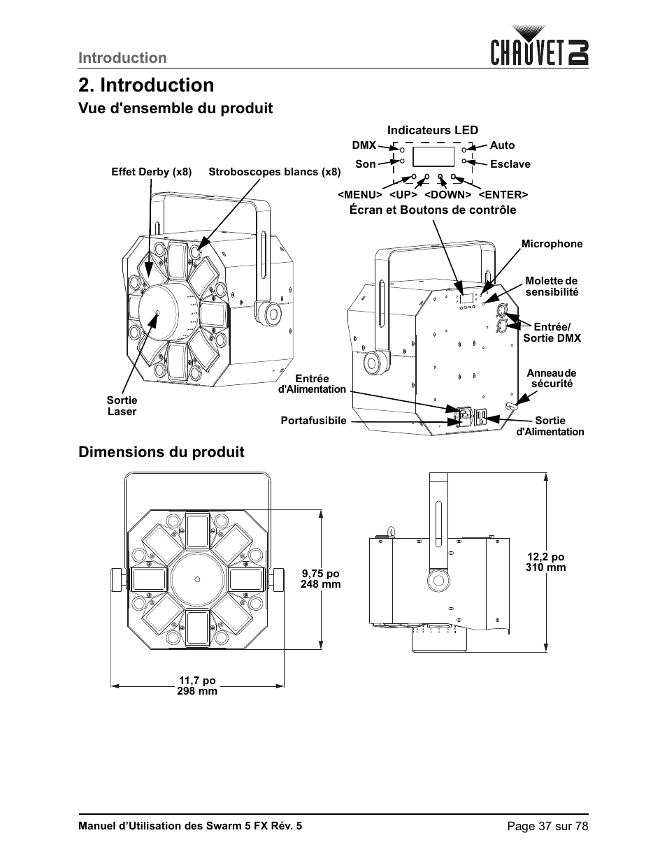 Introduction, Vue d'ensemble du produit, Dimensions du produit | Vue d'ensemble du produit dimensions du produit | CHAUVET DJ Swarm 5 FX ILS 3-in-1 Multi-Effects with Derby, Lasers, and Strobe User Manual | Page 43 / 84