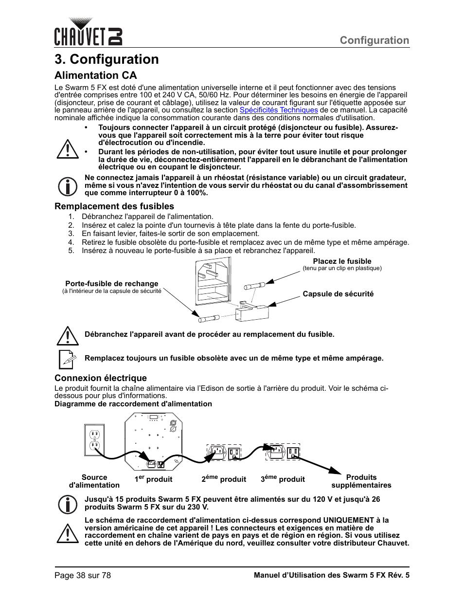Configuration, Alimentation ca, Remplacement des fusibles | Connexion électrique | CHAUVET DJ Swarm 5 FX ILS 3-in-1 Multi-Effects with Derby, Lasers, and Strobe User Manual | Page 44 / 84