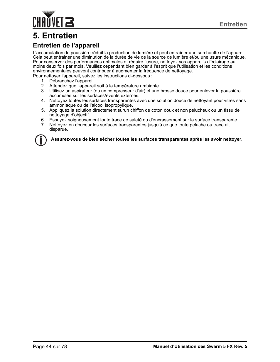 Entretien, Entretien de l'appareil | CHAUVET DJ Swarm 5 FX ILS 3-in-1 Multi-Effects with Derby, Lasers, and Strobe User Manual | Page 50 / 84