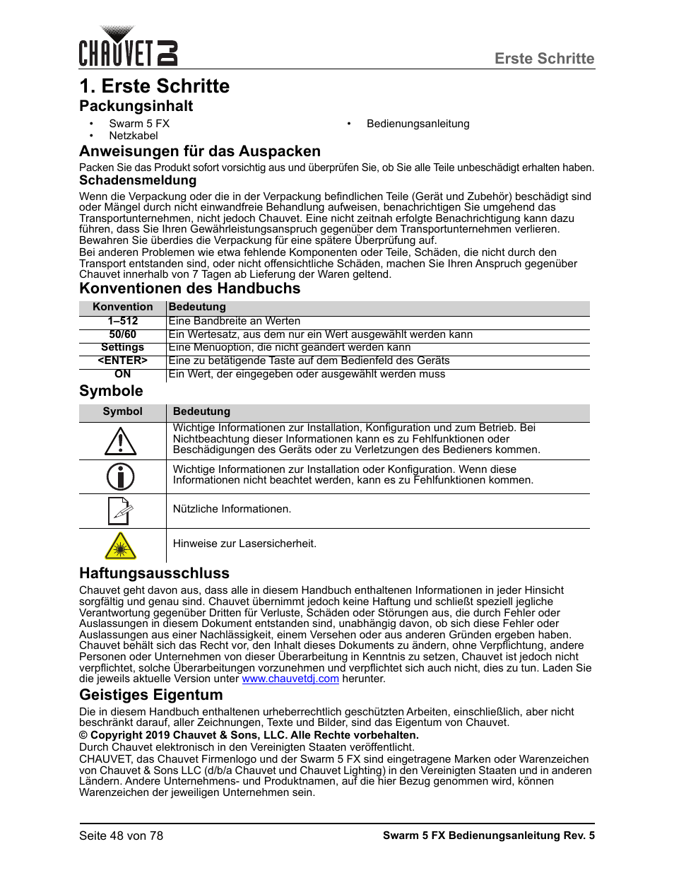 Erste schritte, Packungsinhalt, Anweisungen für das auspacken | Schadensmeldung, Konventionen des handbuchs, Symbole, Haftungsausschluss, Geistiges eigentum, Packungsinhalt anweisungen für das auspacken | CHAUVET DJ Swarm 5 FX ILS 3-in-1 Multi-Effects with Derby, Lasers, and Strobe User Manual | Page 54 / 84