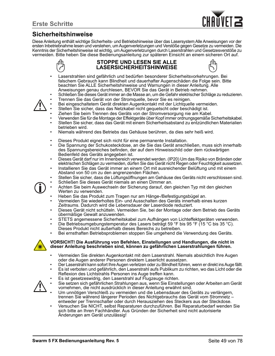 Sicherheitshinweise, Erste schritte sicherheitshinweise | CHAUVET DJ Swarm 5 FX ILS 3-in-1 Multi-Effects with Derby, Lasers, and Strobe User Manual | Page 55 / 84