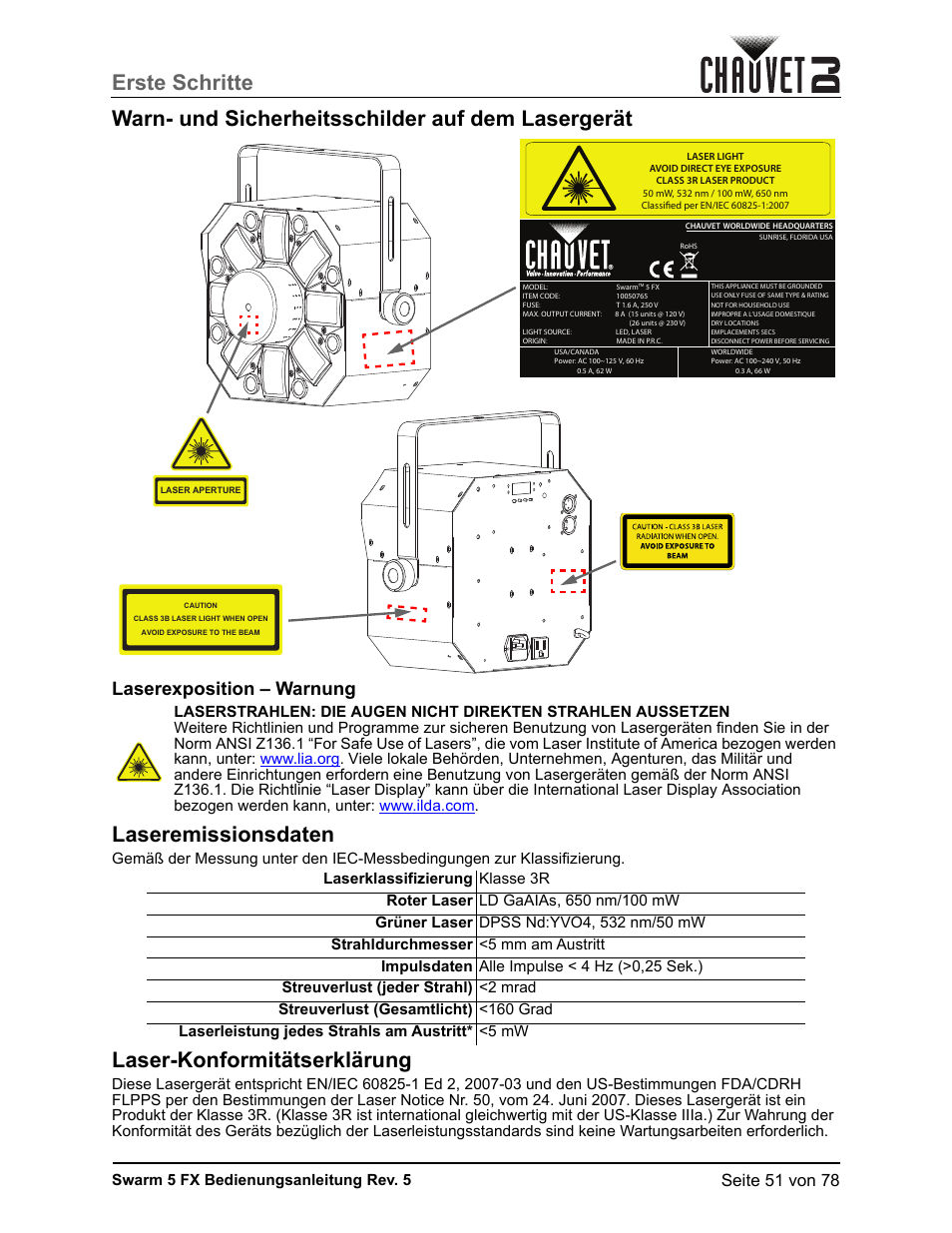 Warn- und sicherheitsschilder auf dem lasergerät, Laserexposition – warnung, Laseremissionsdaten | Laser-konformitätserklärung, Seite 51 von 78 | CHAUVET DJ Swarm 5 FX ILS 3-in-1 Multi-Effects with Derby, Lasers, and Strobe User Manual | Page 57 / 84