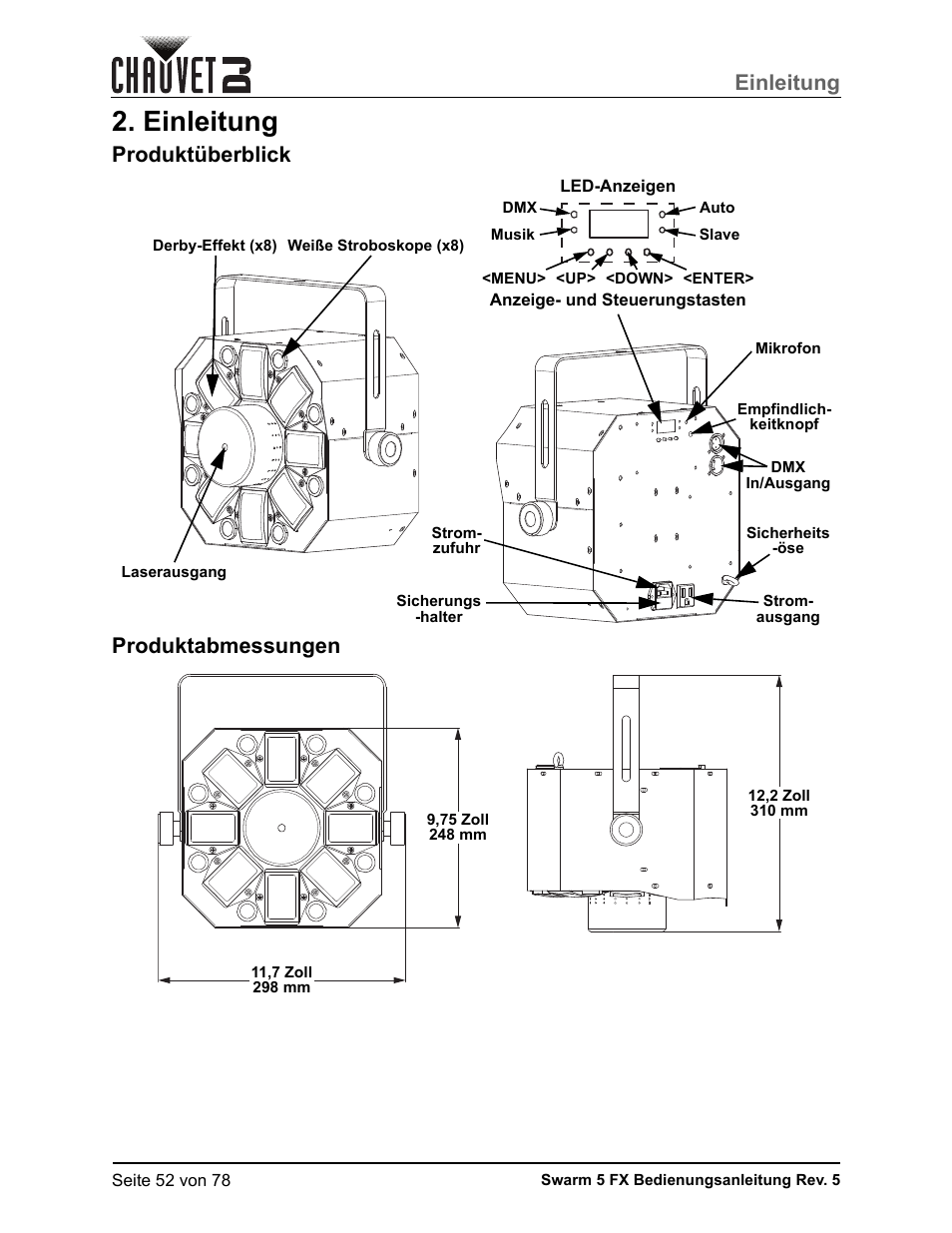 Einleitung, Produktüberblick, Produktabmessungen | Produktüberblick produktabmessungen | CHAUVET DJ Swarm 5 FX ILS 3-in-1 Multi-Effects with Derby, Lasers, and Strobe User Manual | Page 58 / 84