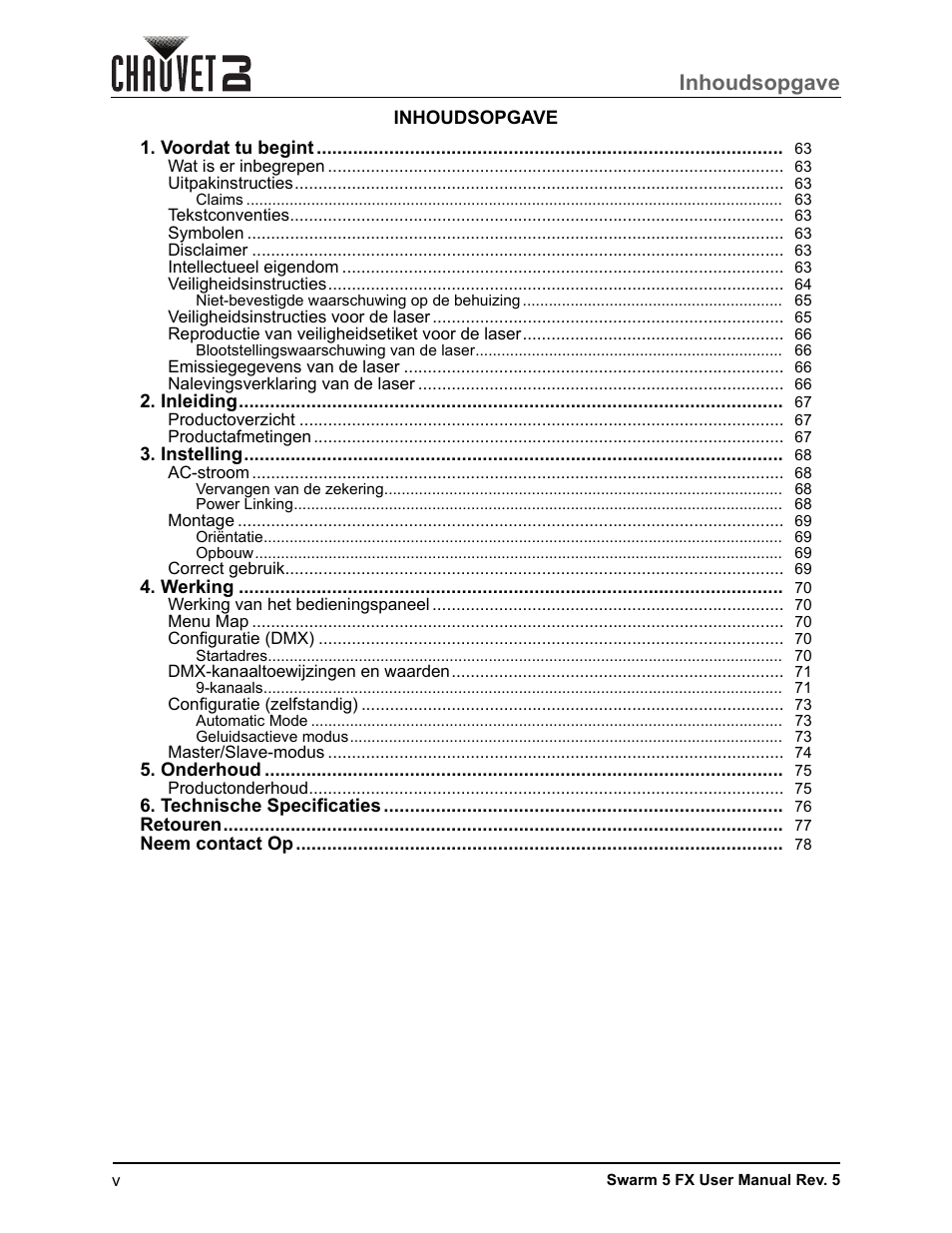 Inhoudsopgave | CHAUVET DJ Swarm 5 FX ILS 3-in-1 Multi-Effects with Derby, Lasers, and Strobe User Manual | Page 6 / 84
