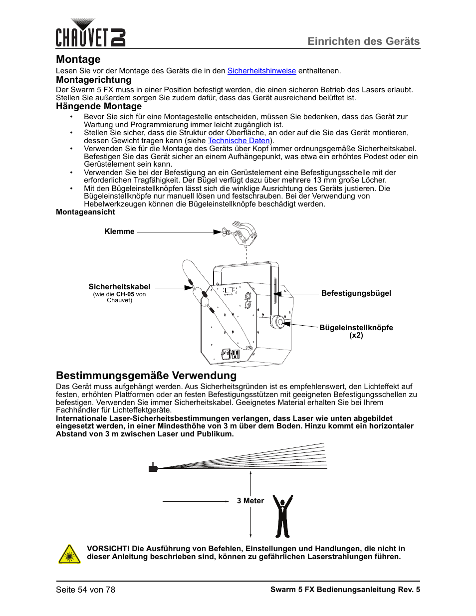 Montage, Montagerichtung, Hängende montage | Bestimmungsgemäße verwendung, Einrichten des geräts | CHAUVET DJ Swarm 5 FX ILS 3-in-1 Multi-Effects with Derby, Lasers, and Strobe User Manual | Page 60 / 84