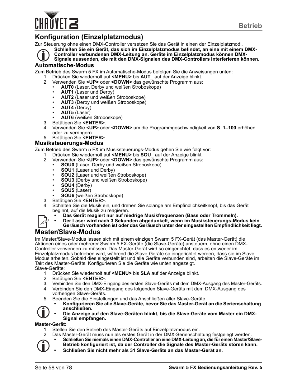 Konfiguration (einzelplatzmodus), Automatische-modus, Musiksteuerungs-modus | Master/slave-modus, Betrieb | CHAUVET DJ Swarm 5 FX ILS 3-in-1 Multi-Effects with Derby, Lasers, and Strobe User Manual | Page 64 / 84
