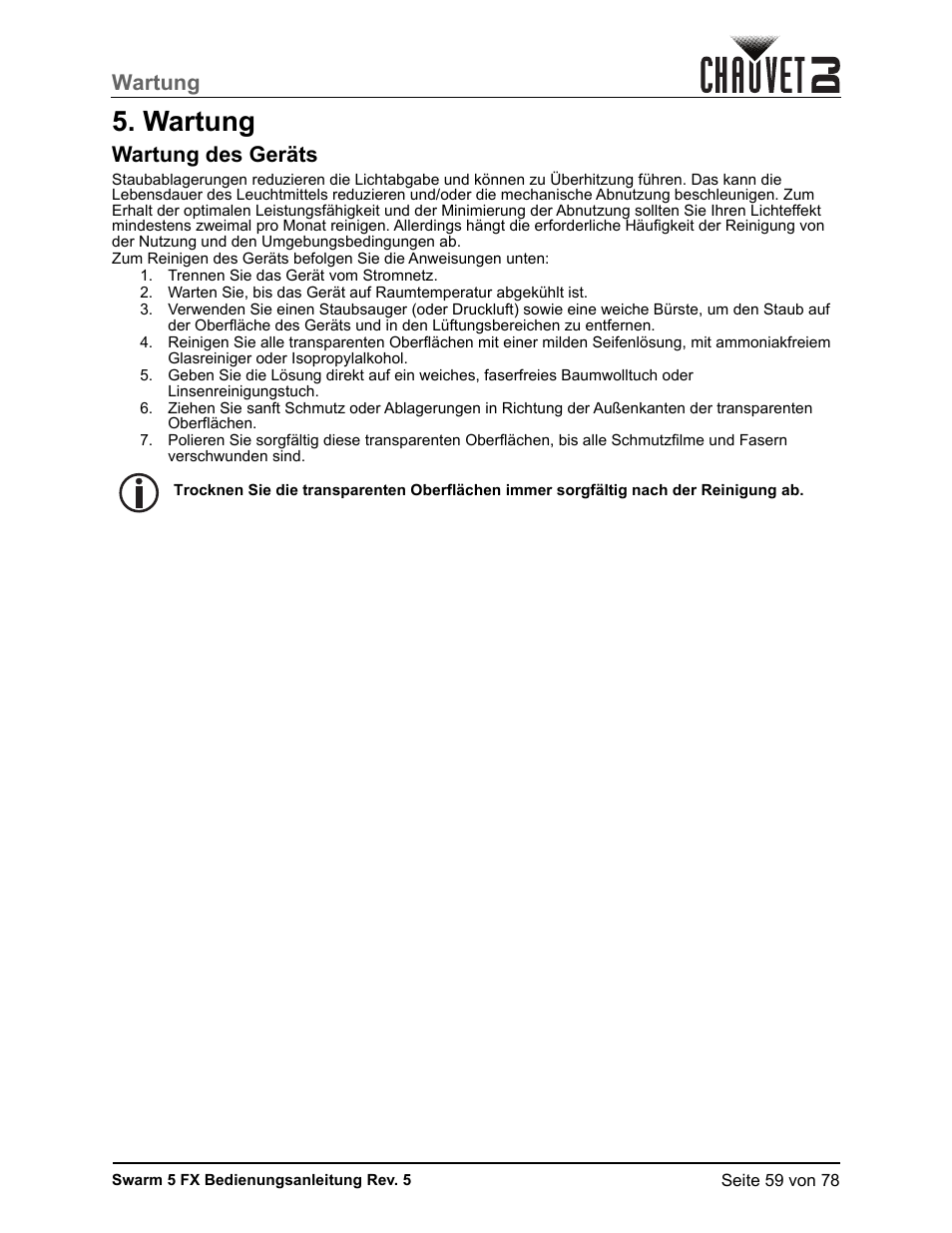 Wartung, Wartung des geräts | CHAUVET DJ Swarm 5 FX ILS 3-in-1 Multi-Effects with Derby, Lasers, and Strobe User Manual | Page 65 / 84