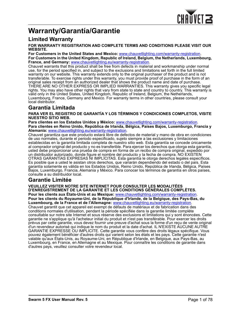 Warranty/garantía/garantie, Limited warranty, Garantía limitada | Garantie limitée, Warranty/garan | CHAUVET DJ Swarm 5 FX ILS 3-in-1 Multi-Effects with Derby, Lasers, and Strobe User Manual | Page 7 / 84