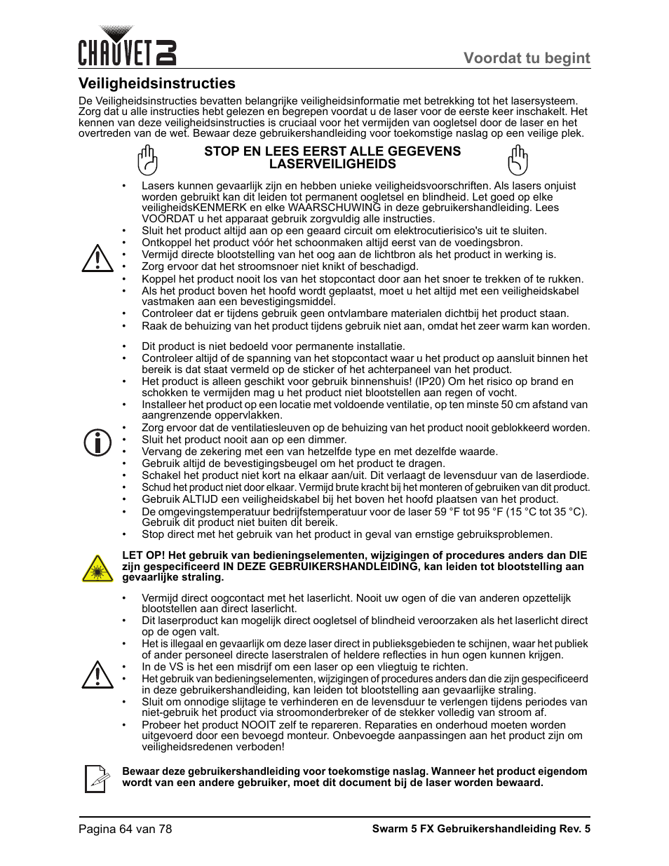 Veiligheidsinstructies, Voordat tu begint | CHAUVET DJ Swarm 5 FX ILS 3-in-1 Multi-Effects with Derby, Lasers, and Strobe User Manual | Page 70 / 84