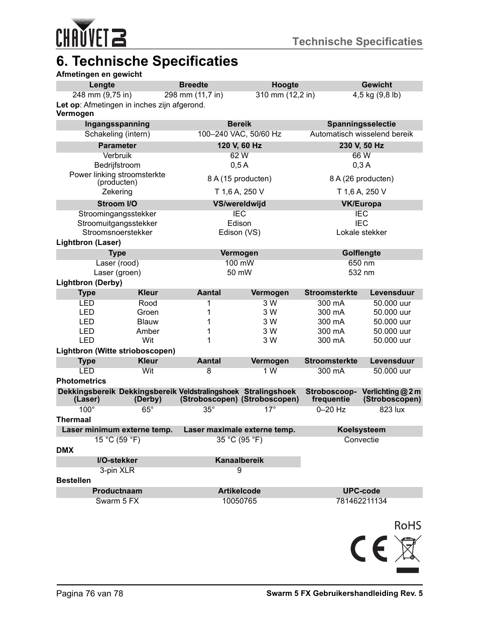 Technische specificaties | CHAUVET DJ Swarm 5 FX ILS 3-in-1 Multi-Effects with Derby, Lasers, and Strobe User Manual | Page 82 / 84