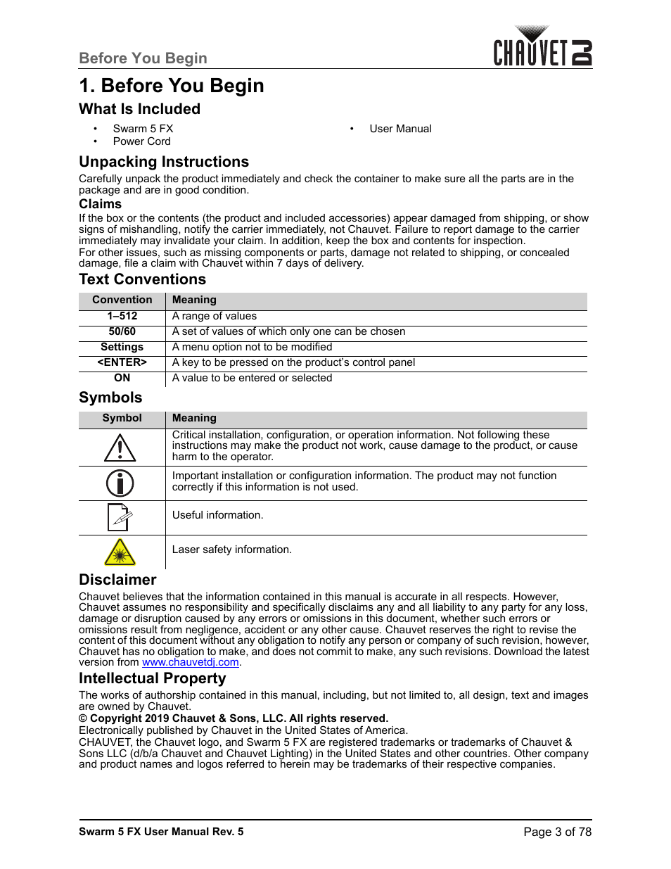 Before you begin, What is included, Unpacking instructions | Claims, Text conventions, Symbols, Disclaimer, Intellectual property, What is included unpacking instructions, Text conventions symbols disclaimer | CHAUVET DJ Swarm 5 FX ILS 3-in-1 Multi-Effects with Derby, Lasers, and Strobe User Manual | Page 9 / 84