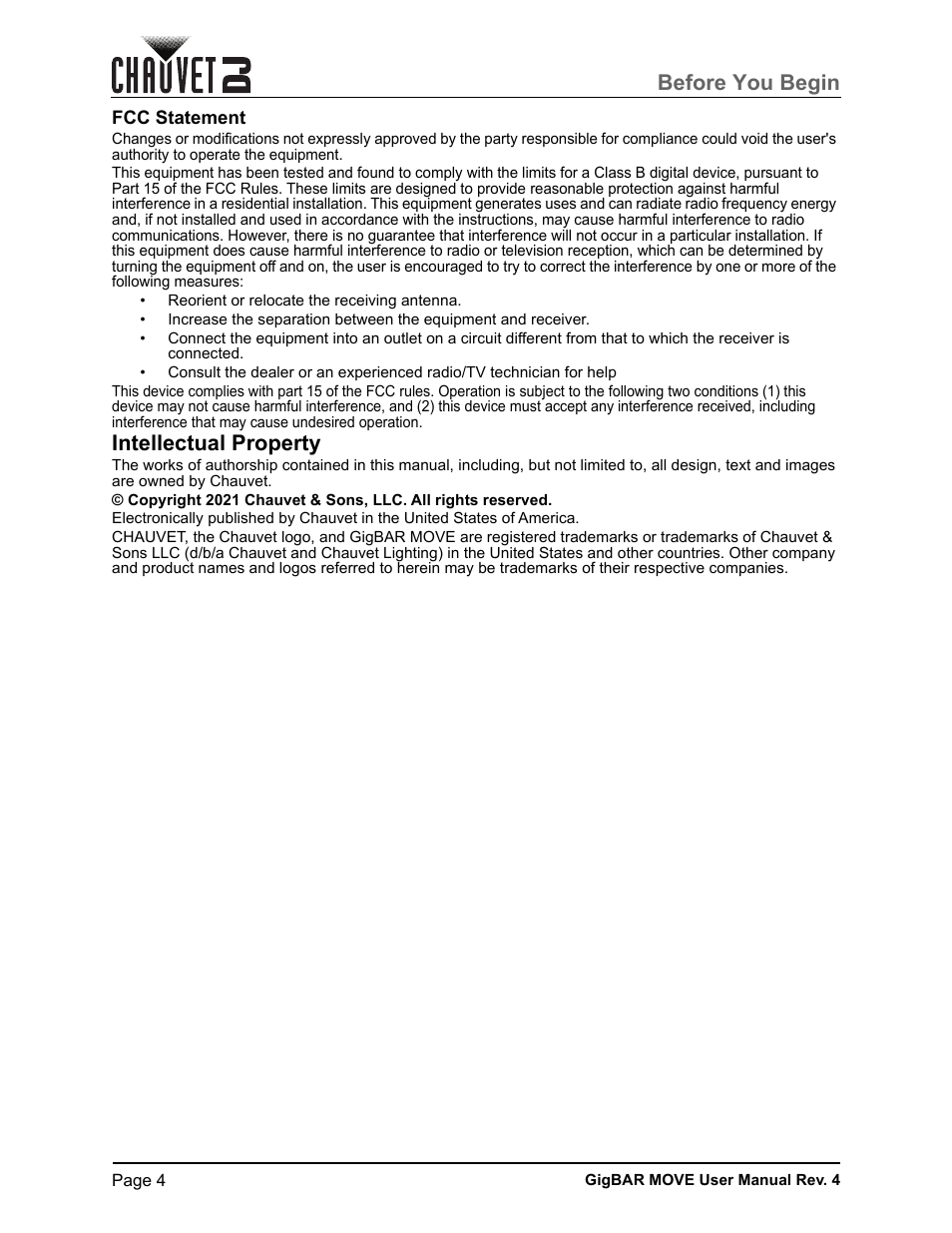 Fcc statement, Intellectual property, Before you begin | CHAUVET DJ GigBAR Move 5-in-1 Lighting System with Moving Heads, Pars, Derbys, Strobe, and Laser Effects (Black) User Manual | Page 10 / 139